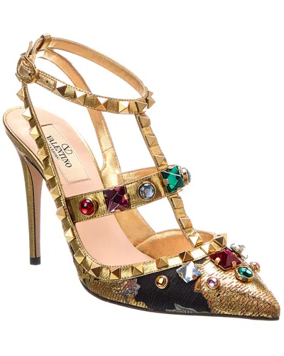 Valentino Garavani Valentino Rockstud 100 Jacquard & Leather Pump In Gold