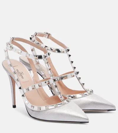 Valentino Garavani Rockstud 100 Leather-trimmed Glitter Pumps In Silver