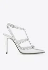 Valentino Garavani Pointed Toe Patent Leather Pumps With Ankle Strap And Square Studs In White
