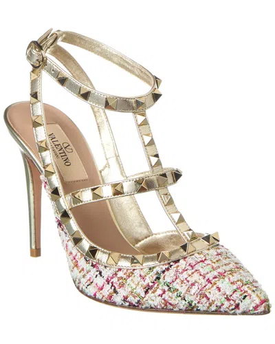 Valentino Garavani Rockstud 100 Tweed & Leather Pump In White