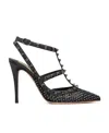 Valentino Rockstud Mesh Pump With Crystals And Straps 100mm In Black