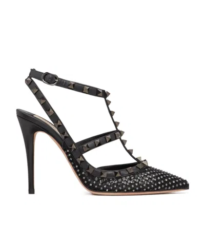 Valentino Garavani Rockstud Mesh Pump With Crystals And Straps 100mm In Black