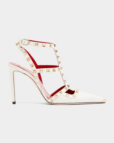 Valentino Garavani Rockstud 100mm Studded Leather Strappy Pumps In Bianco 0bo