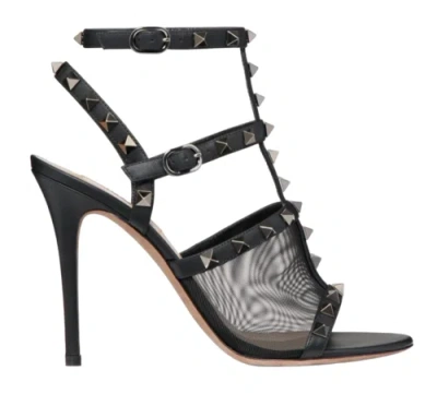 Pre-owned Valentino Garavani Valentino Rockstud 105 Black Mesh Stud Cage Ankle Strap Sandal Heel Pump 39.5