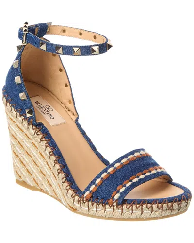 Valentino Garavani Valentino Rockstud 105 Denim Wedge Sandal In Blue