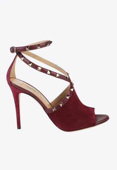 Valentino Garavani Rockstud 105 Suede Peep-toe Sandals In Burgundy
