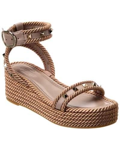 Valentino Garavani Rockstud 45 Rope & Leather Wedge Sandal In Beige