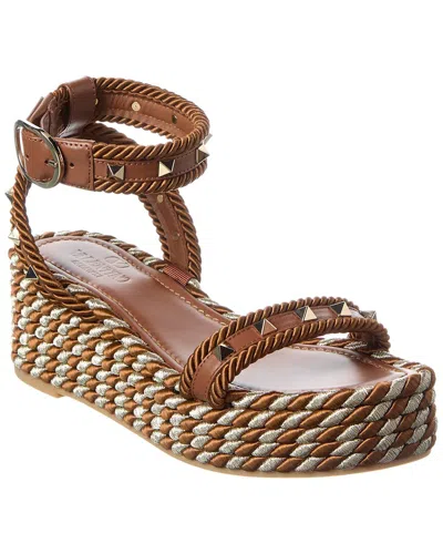 Valentino Garavani Valentino Rockstud 45 Rope & Leather Wedge Sandal In Brown