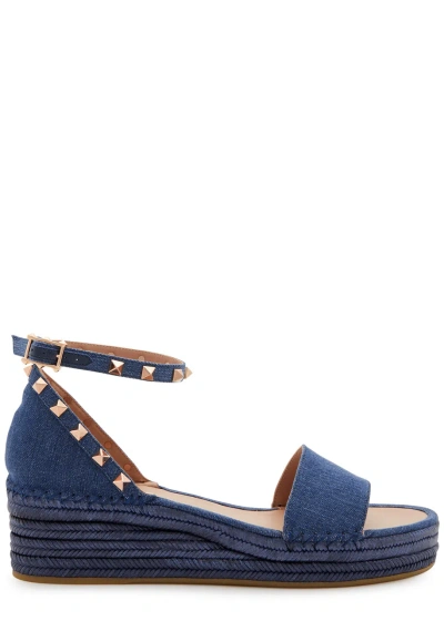 Valentino Garavani Rockstud 50 Denim Wedge Espadrilles In Blue