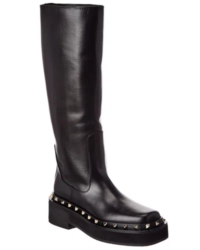 Valentino Garavani Valentino Rockstud 50 Leather Platform Knee-high Boot In Black