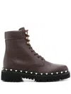 Valentino Rockstud Bootie Leather Combat Boots In Brown