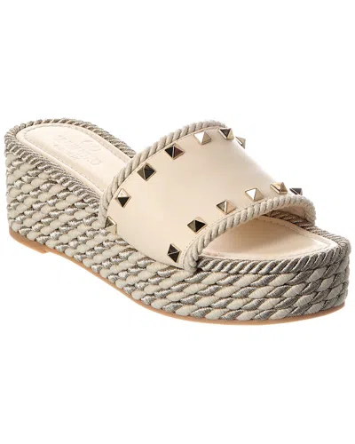 Valentino Garavani Rockstud Leather Platform Espadrille Slides In White