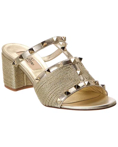 Valentino Garavani Valentino Rockstud 60 Rope & Leather Sandal In Gold