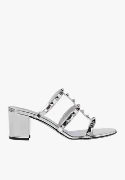 Valentino Garavani Rockstud 60 Sandals In Mirror Leather In Silver