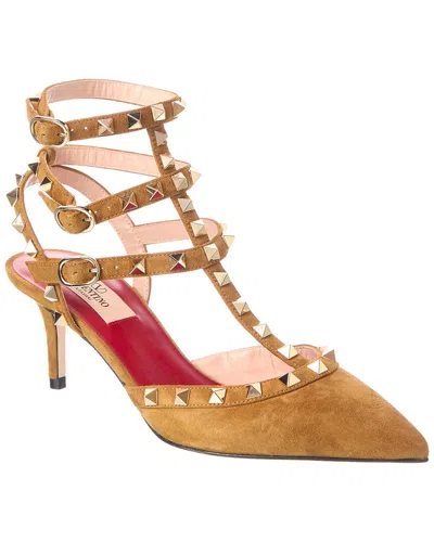 Valentino Garavani Valentino Rockstud 65 Caged Ankle Strap Suede Pump In Brown