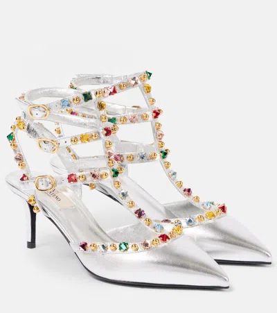 Valentino Garavani Verzierte Pumps Rockstud 65 Aus Metallic-leder In Silber