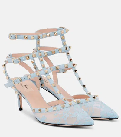 Valentino Garavani Rockstud 65 Lace And Leather Pumps In Blue