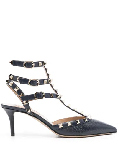 Valentino Garavani Valentino Rockstud Caged 65 Grainy Leather Ankle Strap Pump In Black