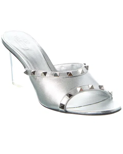 Valentino Garavani Valentino Rockstud 75 Leather Wedge Sandal In Silver