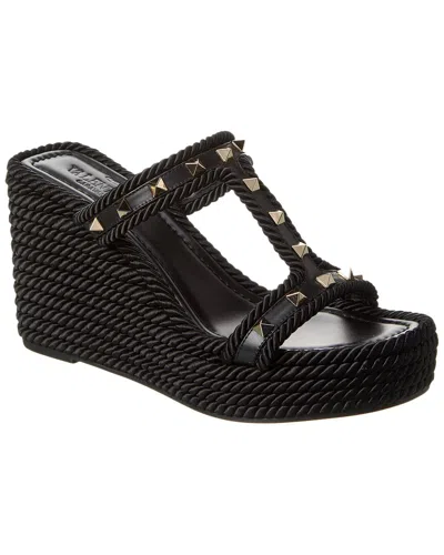 Valentino Garavani Valentino Rockstud 90 Leather & Rope Wedge Sandal In Black