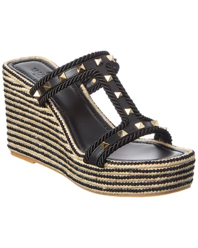 Valentino Garavani Valentino Rockstud 90 Leather & Rope Wedge Sandal In Black