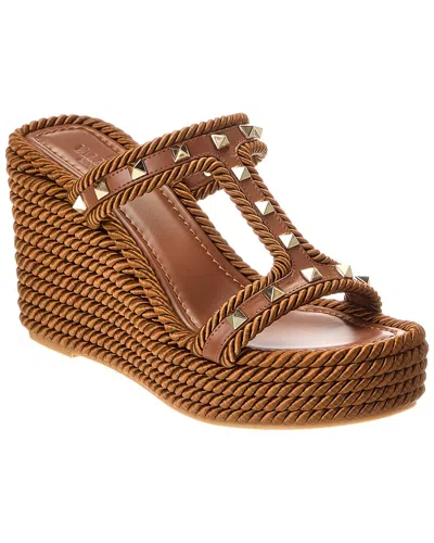Valentino Garavani Rockstud 90 Leather & Rope Wedge Sandal In Brown