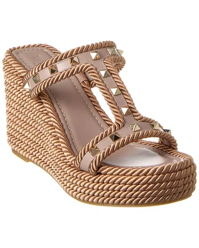Valentino Garavani Valentino Rockstud 90 Leather & Rope Wedge Sandal In Brown