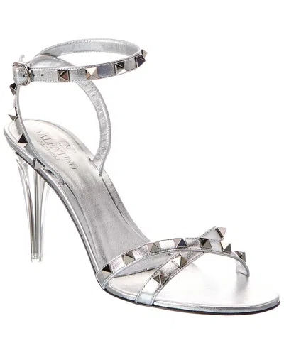 Valentino Garavani Valentino Rockstud 90 Leather Sandal In Silver
