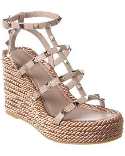 Valentino Garavani Rockstud 95 Leather Wedge Sandal In Beige