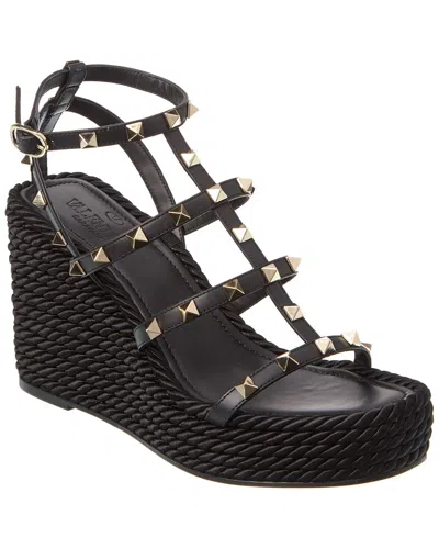 Valentino Garavani Valentino Rockstud 95 Leather Wedge Sandal In Black