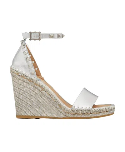 Valentino Garavani Rockstud Double Wedge Sandal In Metallic Nappa Leather 95 Mm Woman Silver 41