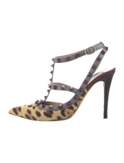 Pre-owned Valentino Garavani Rockstud Accents Calf Hair T-strap Pumps In Brown