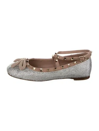 Pre-owned Valentino Garavani Rockstud Accents Crystal Ballet Flats In Metallic/silver