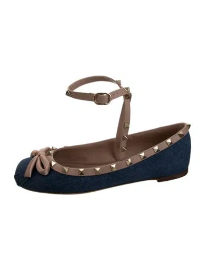 Pre-owned Valentino Garavani Rockstud Accents Denim Ballet Flats In Black/neutrals