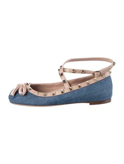 Pre-owned Valentino Garavani Rockstud Accents Denim Ballet Flats In Blue