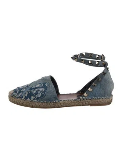 Pre-owned Valentino Garavani Rockstud Accents Denim Espadrilles In Blue