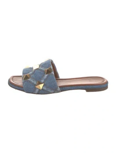 Pre-owned Valentino Garavani Rockstud Accents Denim Slides In Blue