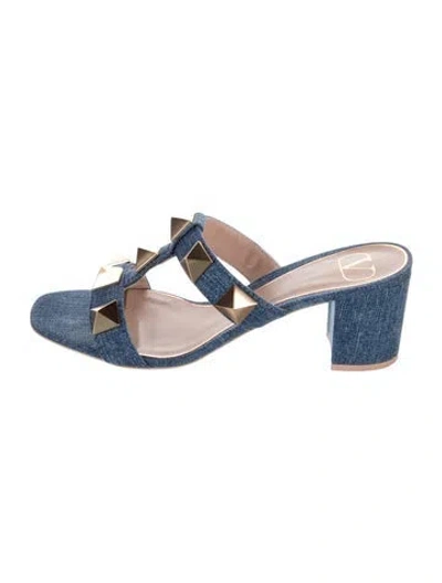 Pre-owned Valentino Garavani Rockstud Accents Denim Slides In Blue