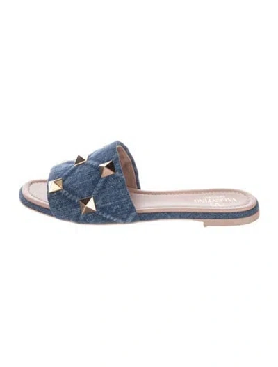Pre-owned Valentino Garavani Rockstud Accents Denim Slides In Blue