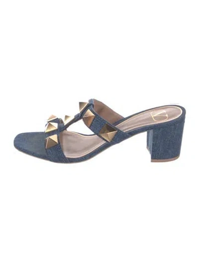 Pre-owned Valentino Garavani Rockstud Accents Denim Slides In Blue