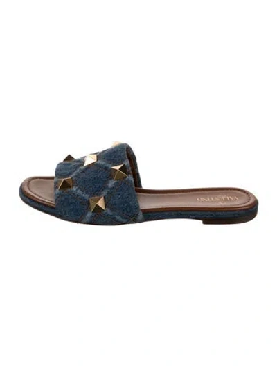 Pre-owned Valentino Garavani Rockstud Accents Denim Slides In Blue