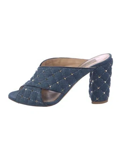 Pre-owned Valentino Garavani Rockstud Accents Denim Slides In Blue