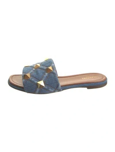 Pre-owned Valentino Garavani Rockstud Accents Denim Slides In Blue