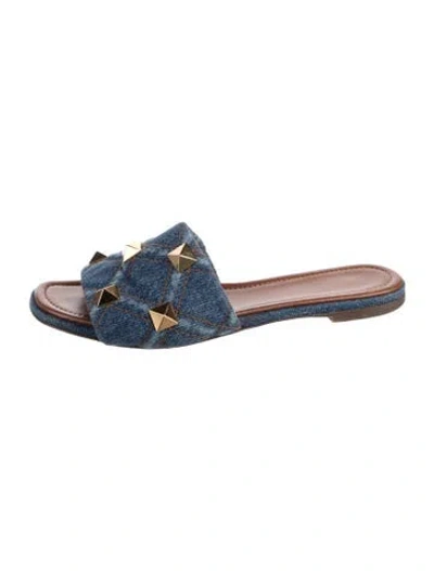 Pre-owned Valentino Garavani Rockstud Accents Denim Slides In Blue