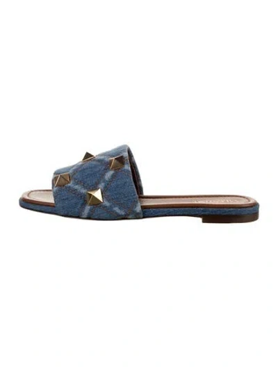 Pre-owned Valentino Garavani Rockstud Accents Denim Slides In Blue