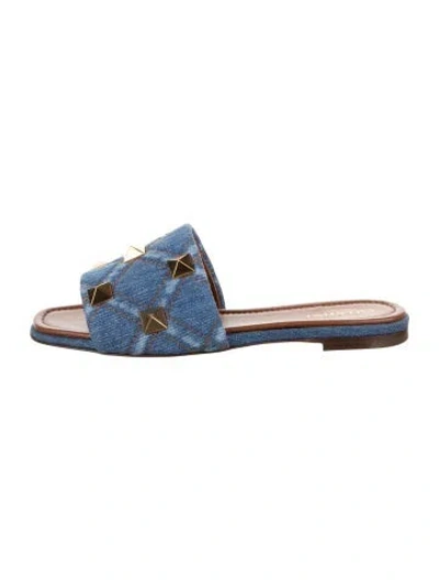 Pre-owned Valentino Garavani Rockstud Accents Denim Slides W/ Tags In Blue