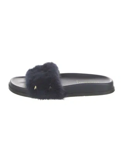 Pre-owned Valentino Garavani Rockstud Accents Faux Fur Slides In Blue