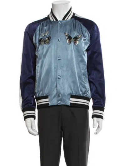 Pre-owned Valentino Rockstud Accents Graphic Print Bomber Jacket In Blue