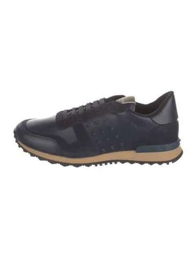 Pre-owned Valentino Garavani Rockstud Accents Leather Athletic Sneakers W/ Tags In Blue
