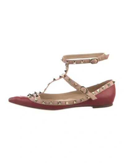 Pre-owned Valentino Garavani Rockstud Accents Leather Ballet Flats In Burgundy